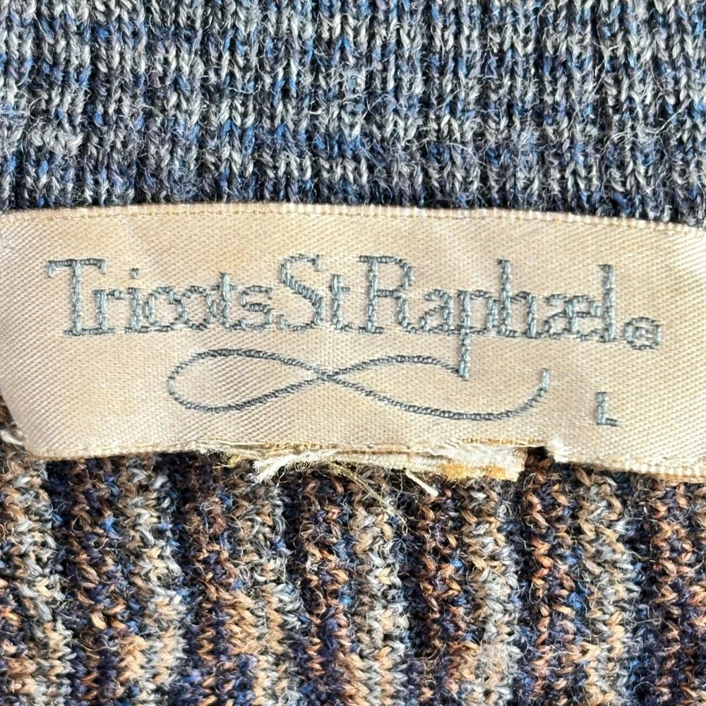 Tricots St Raphael Mens Large Vintage Blue Brown Geometric Wave‎ Knit Sweater L